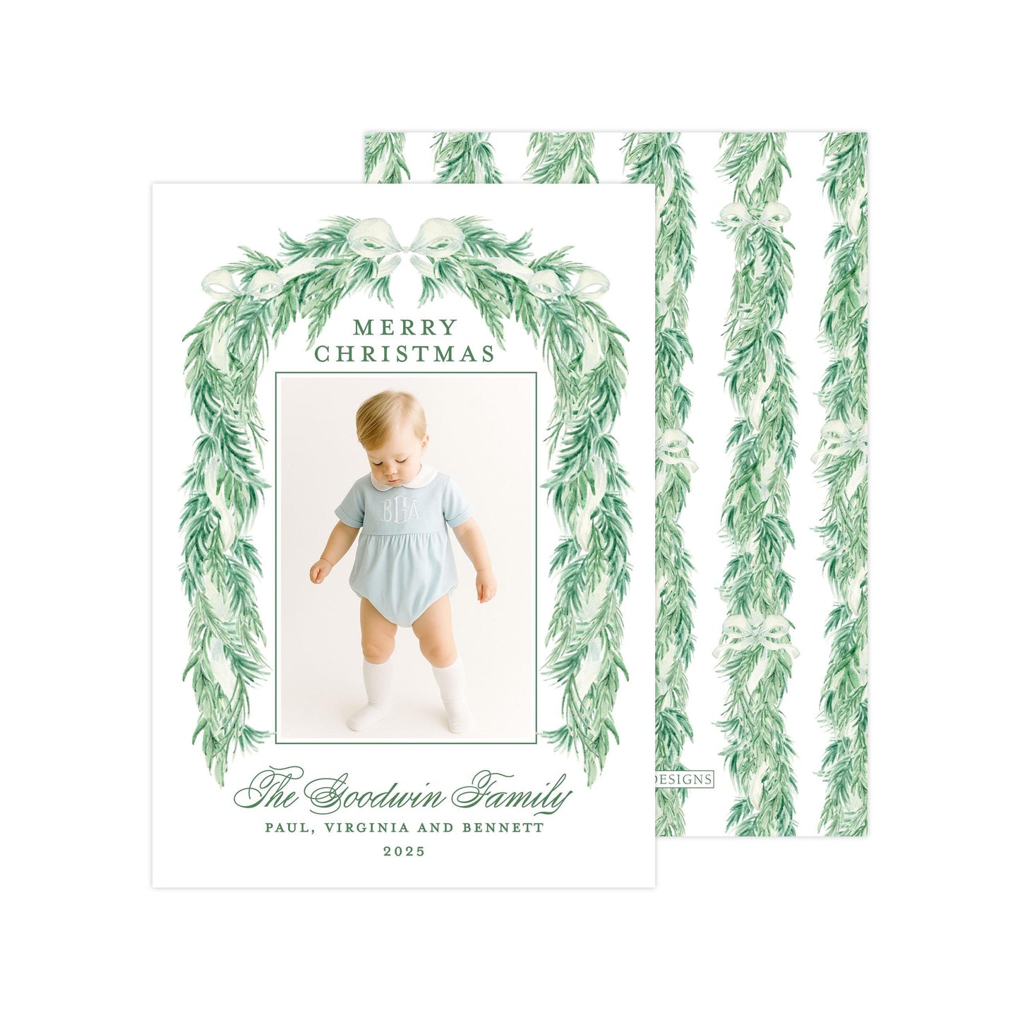 A Christmas card featuring a baby wearing a light blue outfit, surrounded by a green wreath and text that reads "Merry Christmas" and "The Sweetness Family Paul, Virginia and Bennett 2005".