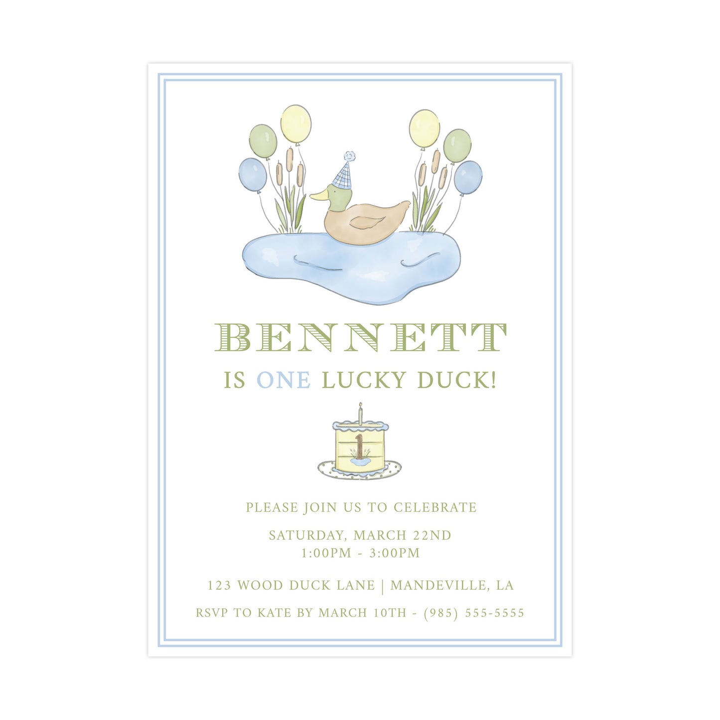 ONE LUCKY DUCK WITH CAKE | INVITATION