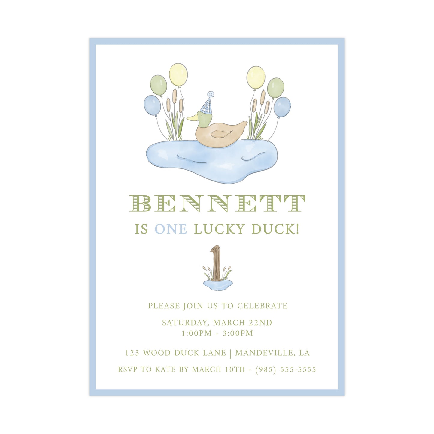 ONE LUCKY DUCK BLUE BORDER | INVITATION