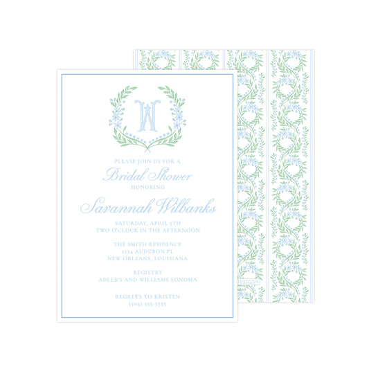 BLUE & GREEN FLORAL WREATH | BRIDAL SHOWER INVITATIONS