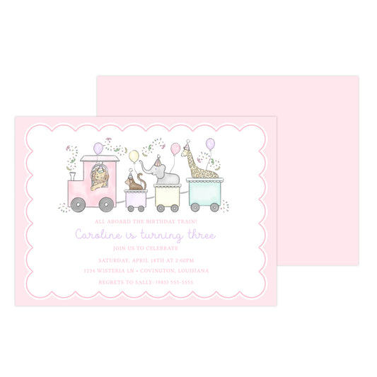 PARTY TRAIN BIRTHDAY ANIMALS (PINK) | INVITATIONS