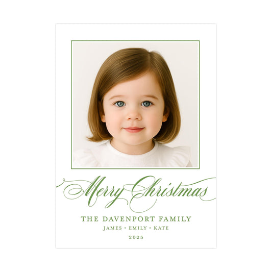 A portrait of a young girl with brown hair and blue eyes, smiling at the camera. The text below the portrait reads "Merry Christmas" and "The Davenport Family" followed by the names "James, Emily, Kate" and the year "2025".