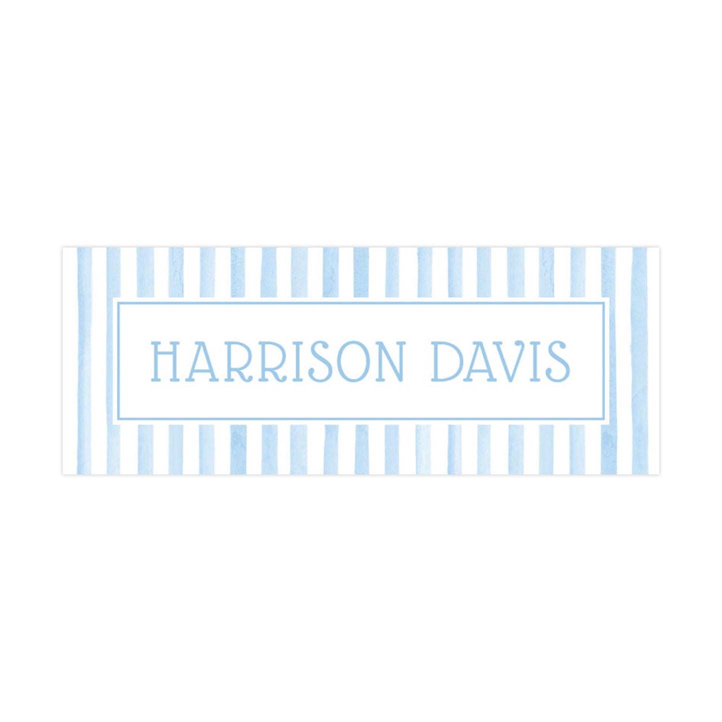 A rectangular sign with the name "HARRISON DAVIS" written in a blue and white striped pattern.