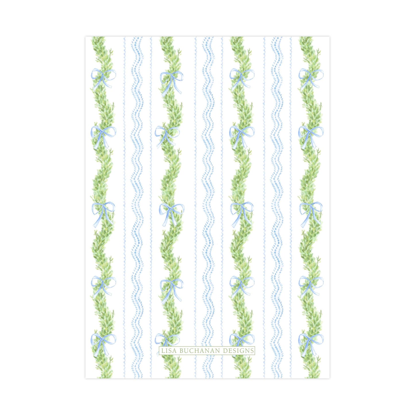 a repeating pattern of green leaves and blue ribbons, creating a visually appealing and decorative design.