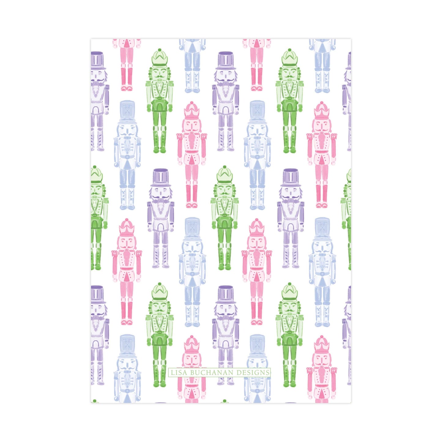 a repeating pattern of nutcracker figures in various colors, including pink, green, and purple.