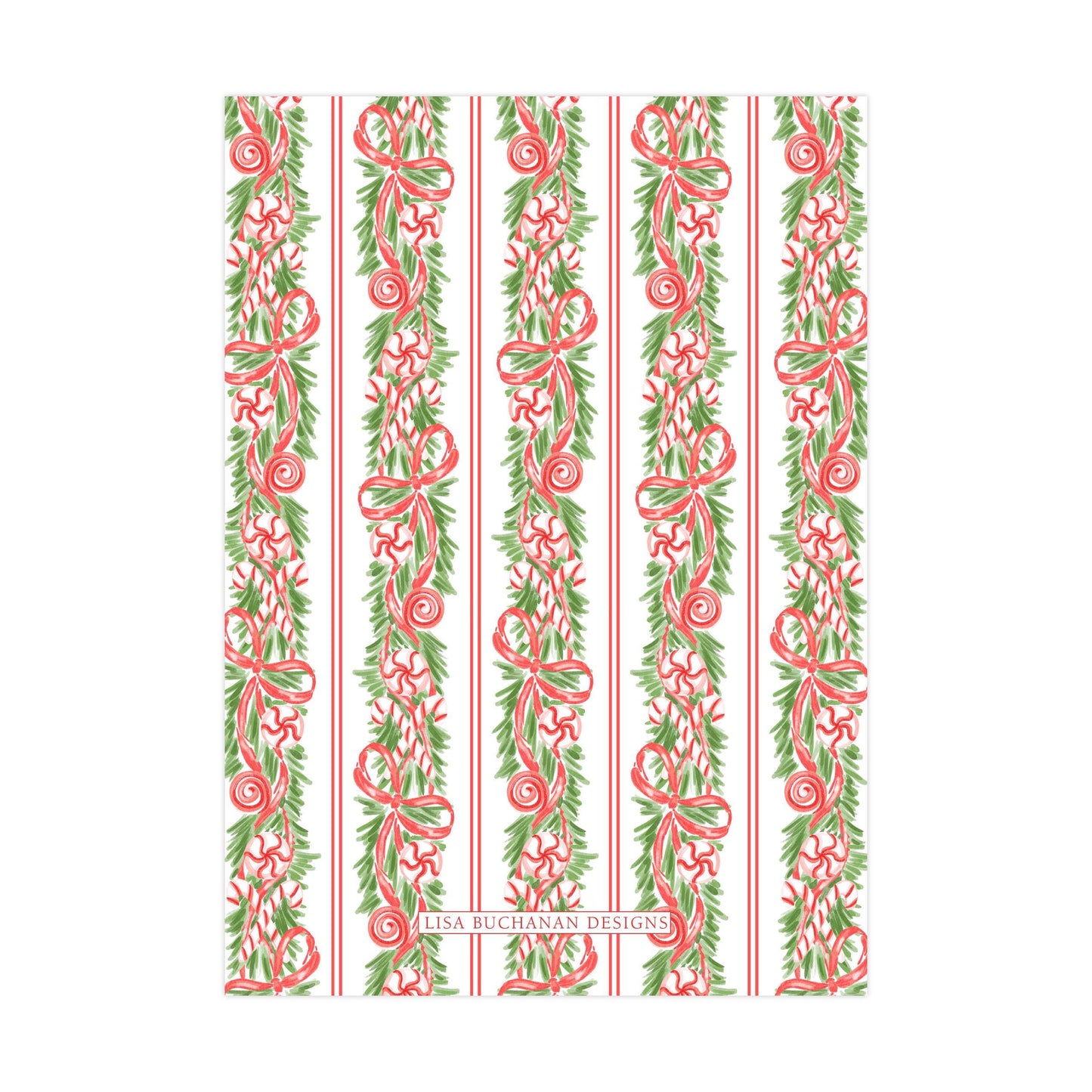 a repeating pattern of red and green stripes with a floral design, creating a festive and decorative appearance.
