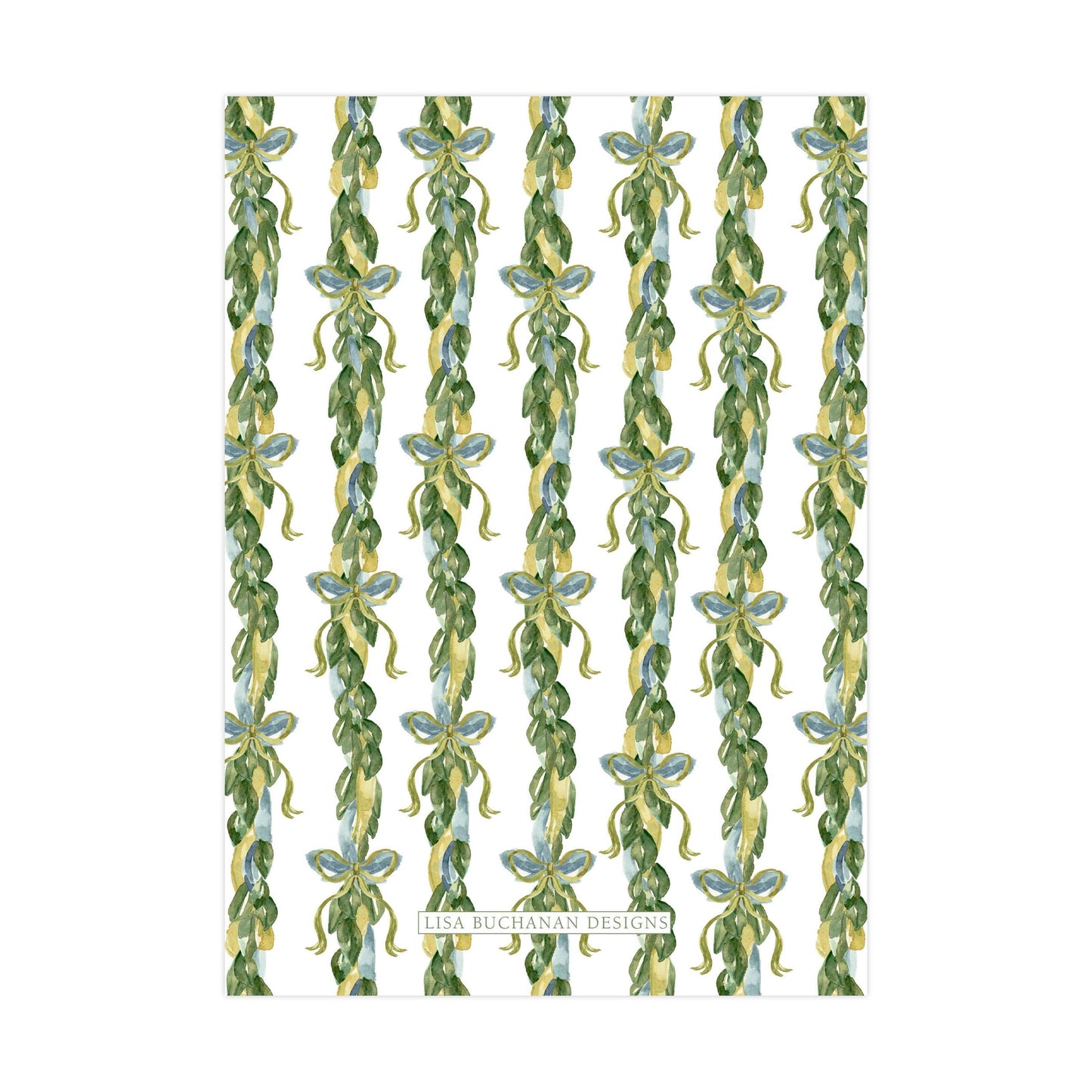 a repeating pattern of green leaves and yellow ribbons arranged in a vertical line.
