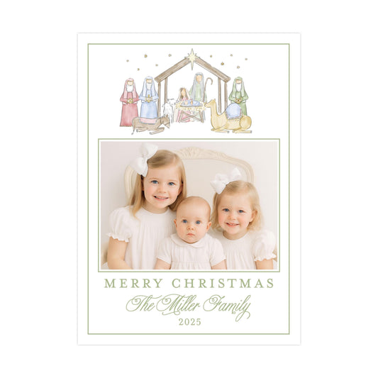 A family photo with three young girls posing in front of a nativity scene, surrounded by a Christmas-themed illustration.