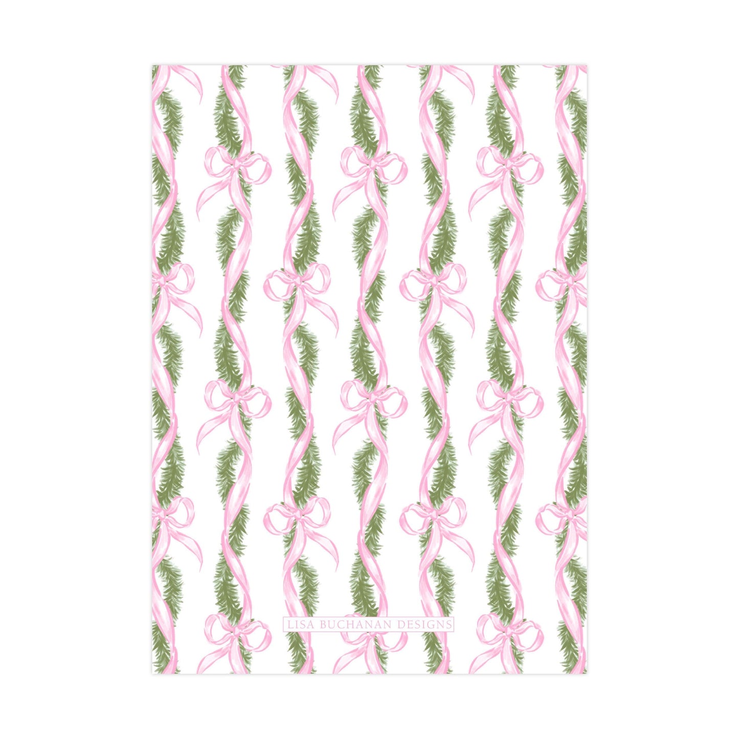 a repeating pattern of pink and green ribbons and pine branches, creating a festive and decorative design.