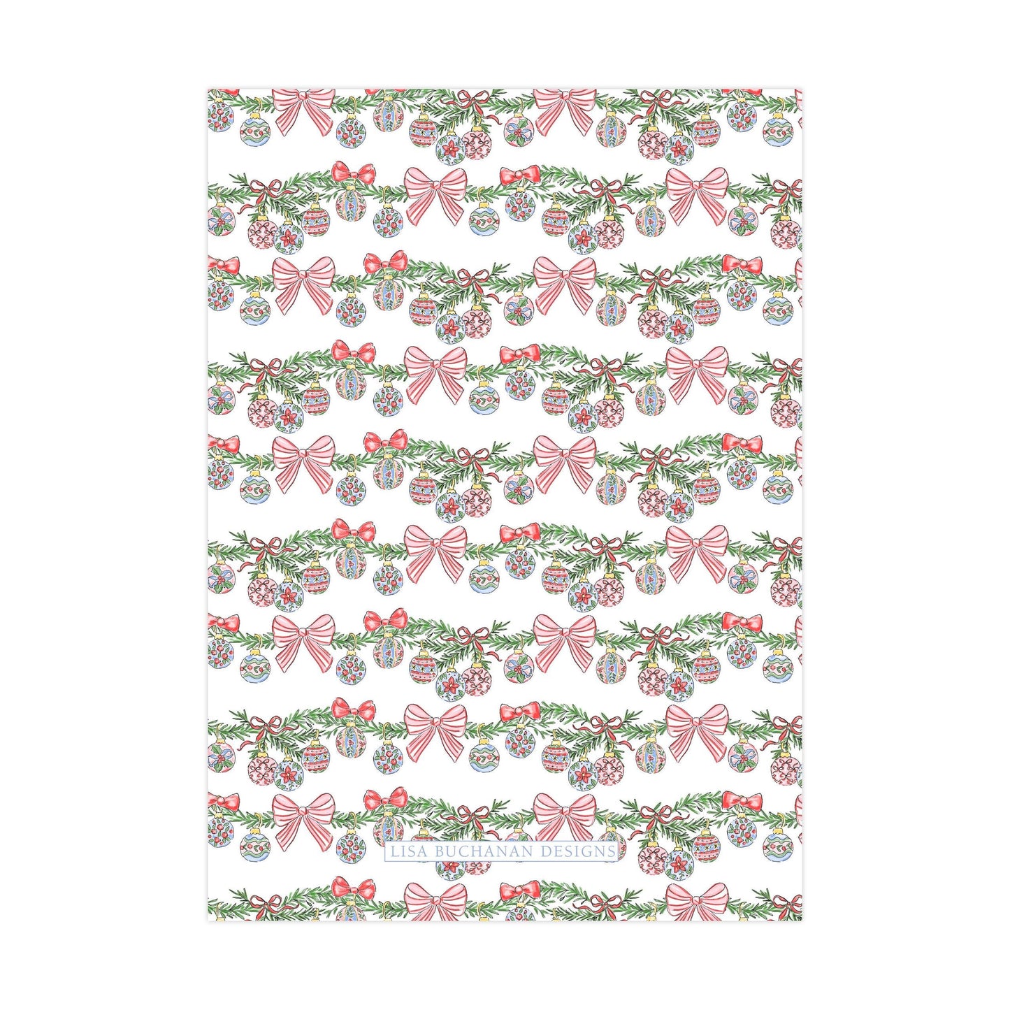 a repeating pattern of Christmas ornaments and bows on a white background.
