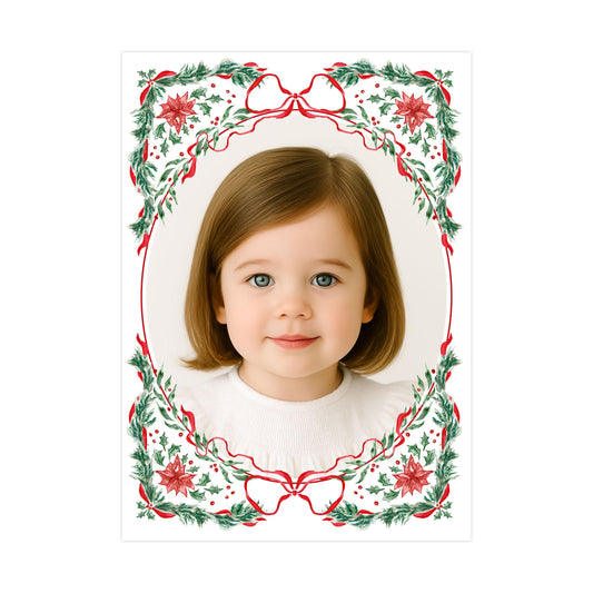 A young girl with brown hair and blue eyes is smiling at the camera, framed by a decorative border with red and green holly leaves and poinsettias.