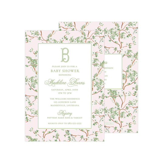 PINK CHINOISERIE WITH ALL WHITE FLOWERS | BABY SHOWER INVITATION