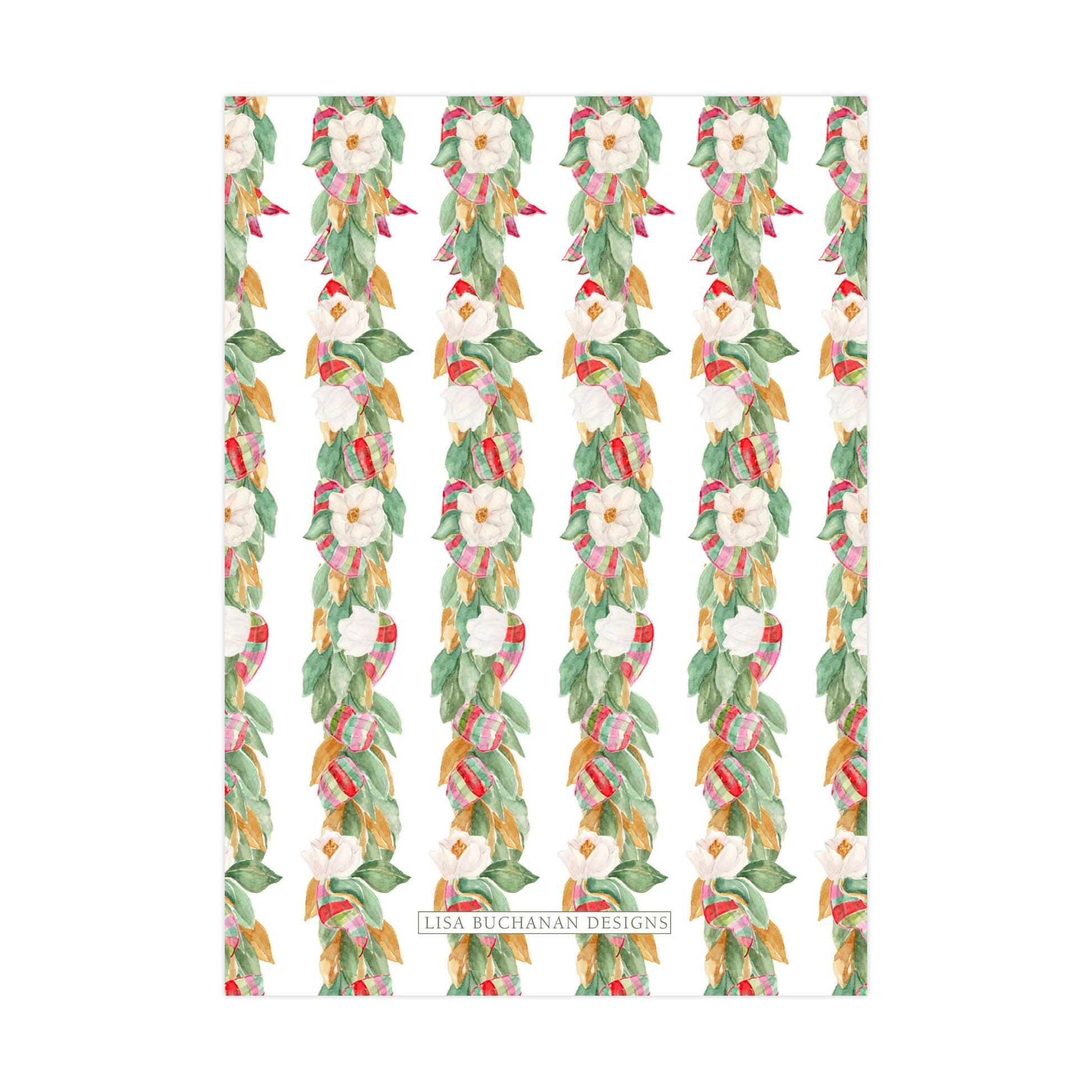 a repeating pattern of white flowers and green leaves on a white background.