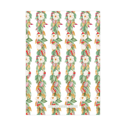 a repeating pattern of white flowers and green leaves on a white background.