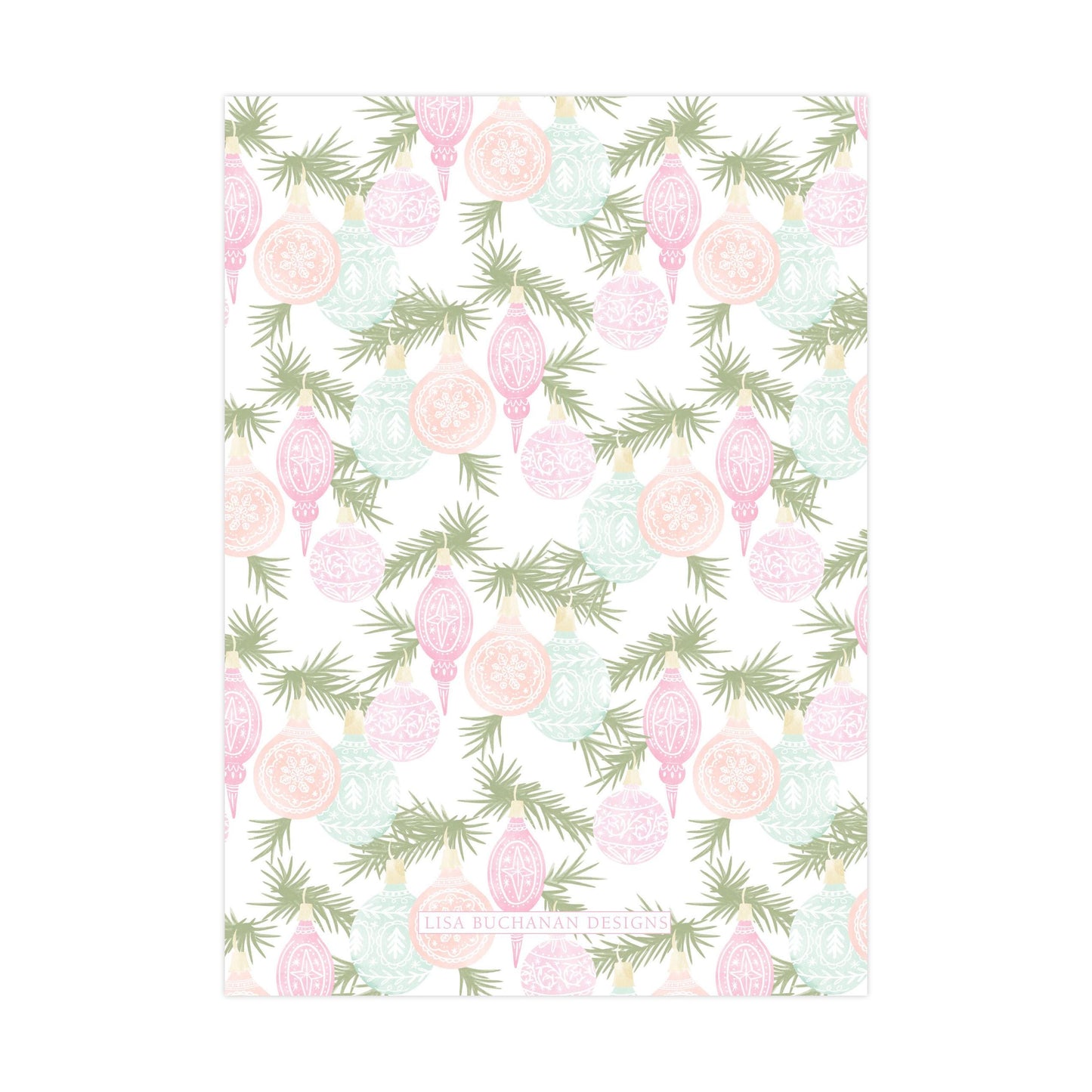 a repeating pattern of Christmas ornaments and pine branches in shades of pink, green, and white.