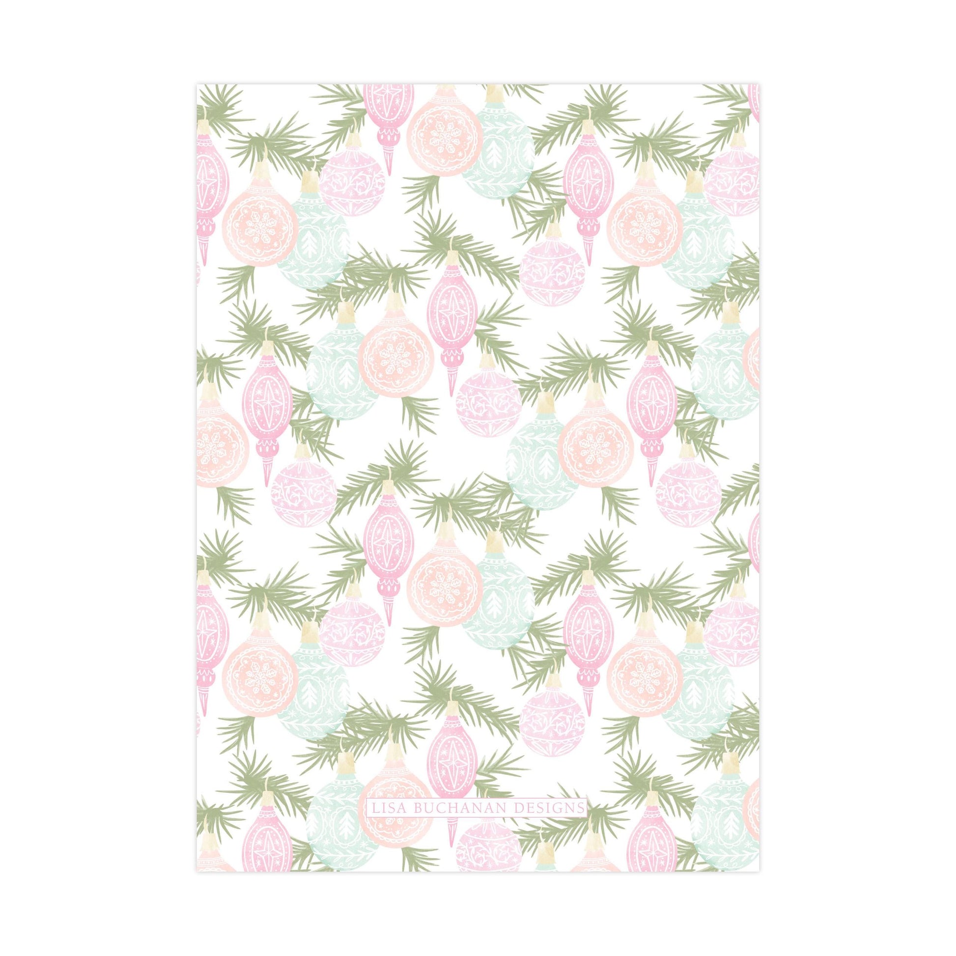 a repeating pattern of Christmas ornaments and pine branches in shades of pink, green, and white.