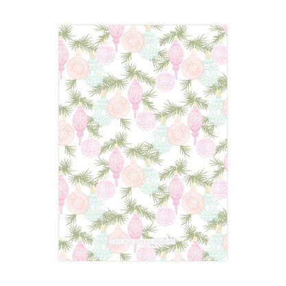 a repeating pattern of Christmas ornaments and pine branches in shades of pink, green, and white.
