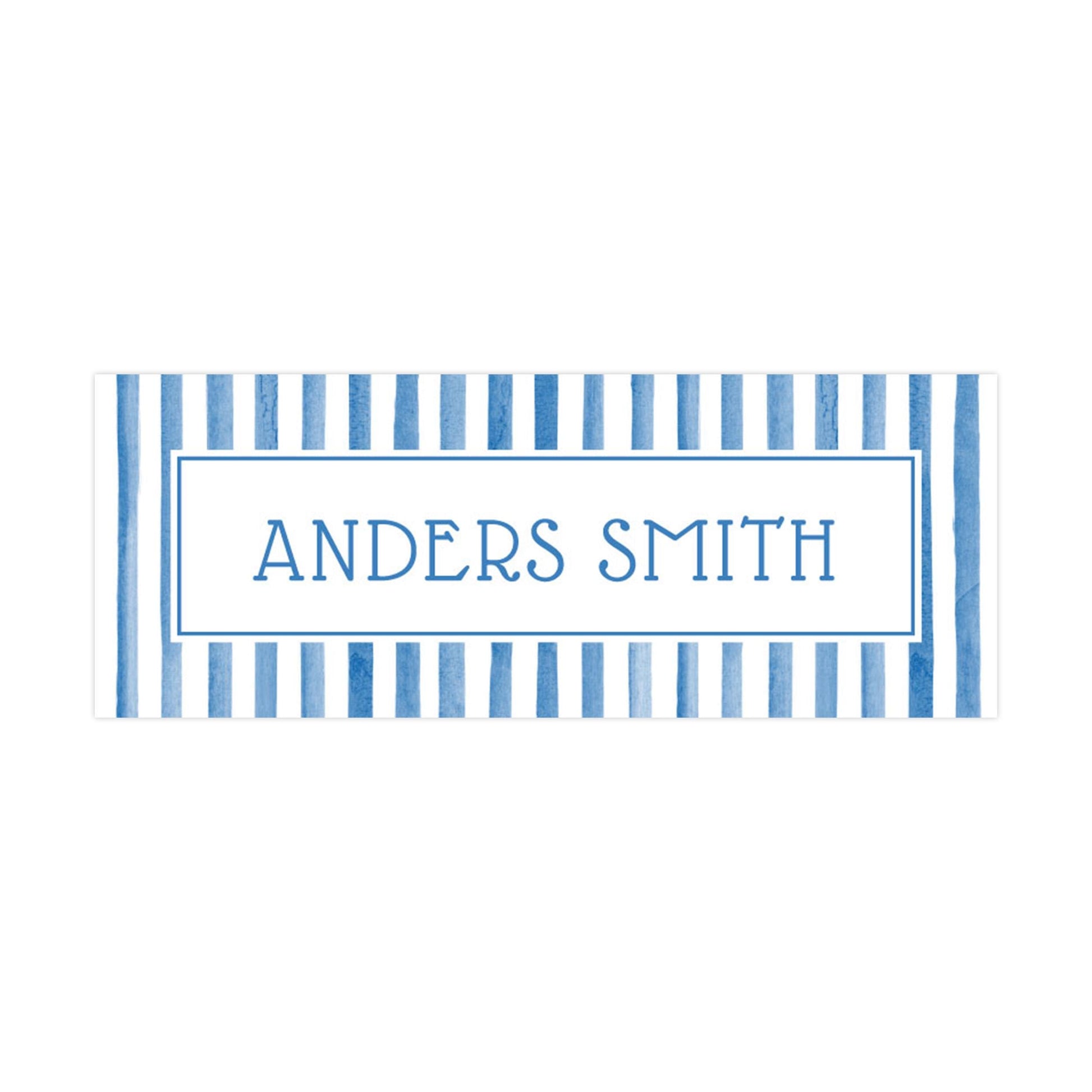 A rectangular sign with the name &#39;ANDERS SMITH&#39; written in blue text, surrounded by blue and white striped vertical lines.