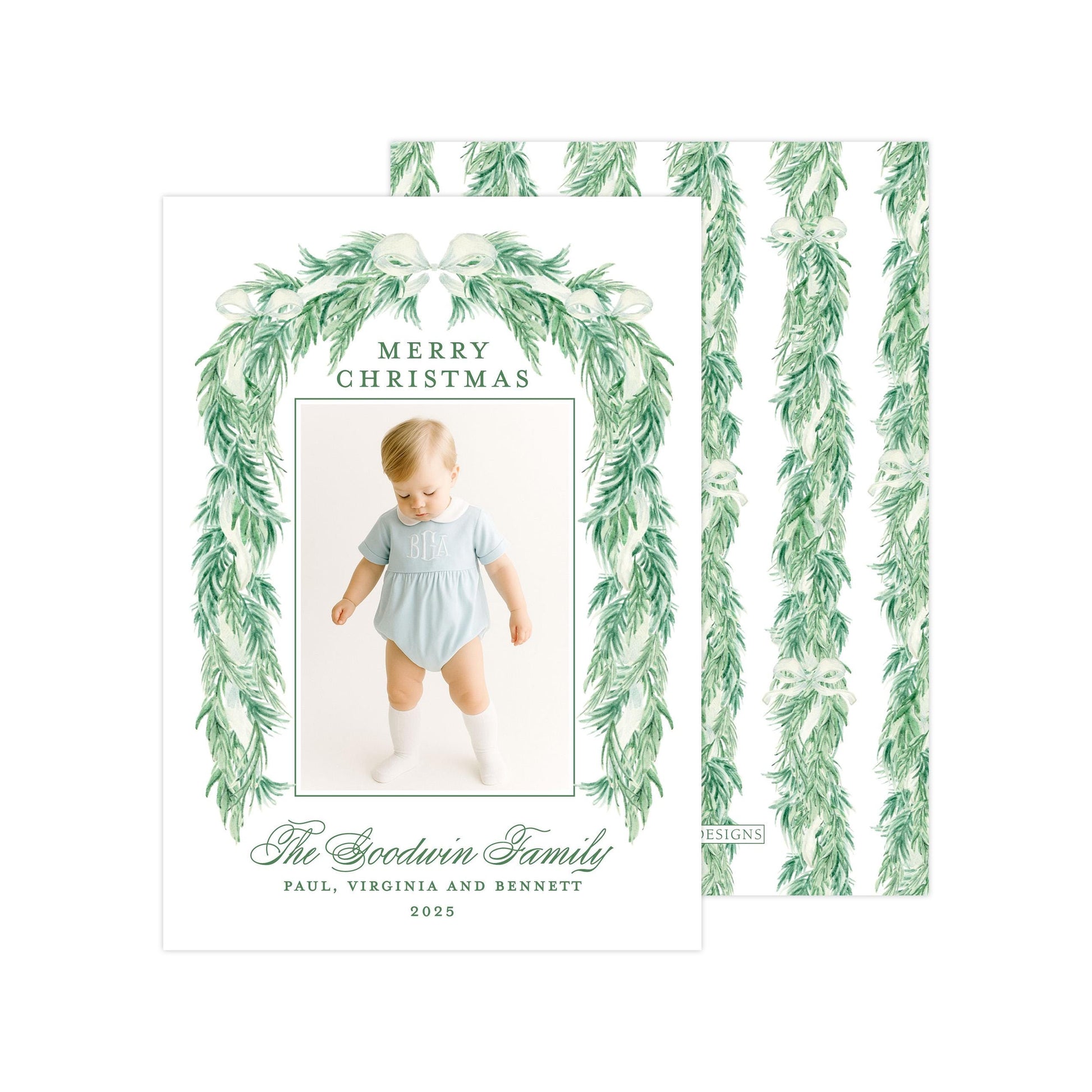 A Christmas card featuring a baby wearing a light blue outfit, surrounded by a green wreath and text that reads "Merry Christmas" and "The Sweetness Family Paul, Virginia and Bennett 2005".