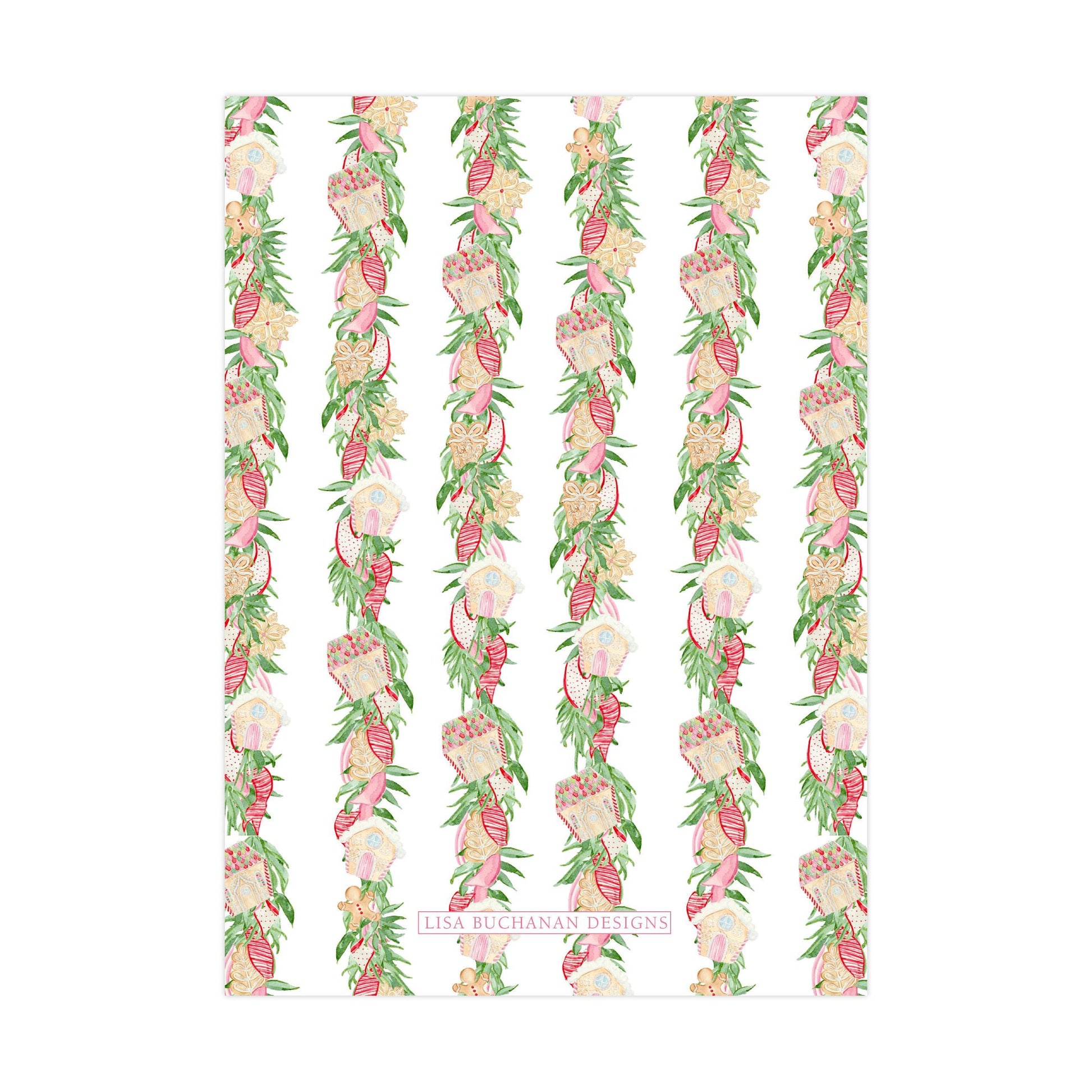 a repeating pattern of pink and green floral designs on a white background.