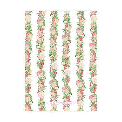 a repeating pattern of pink and green floral designs on a white background.