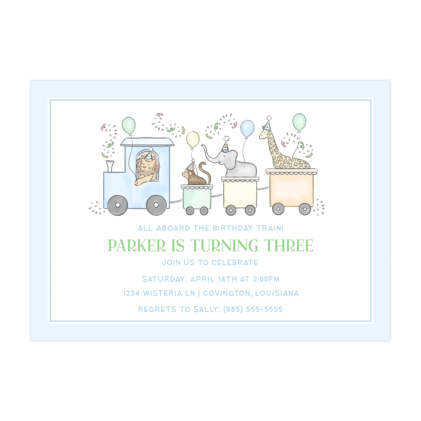 PARTY TRAIN BIRTHDAY ANIMALS (BLUE) | INVITATIONS