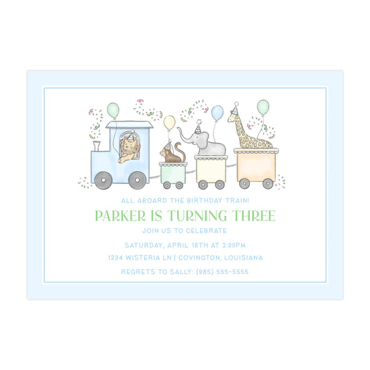PARTY TRAIN BIRTHDAY ANIMALS (BLUE) | INVITATIONS