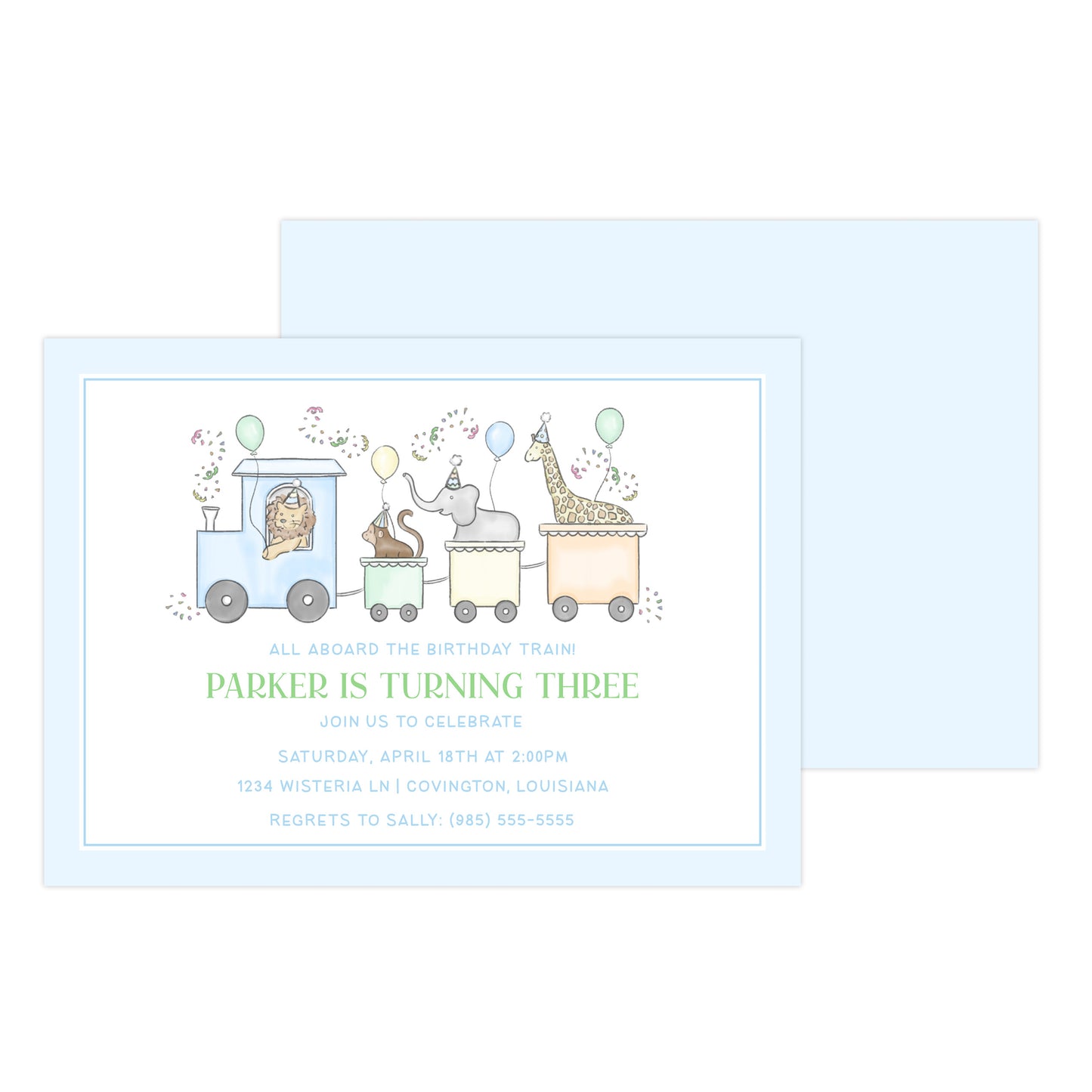 PARTY TRAIN BIRTHDAY ANIMALS (BLUE) | INVITATIONS