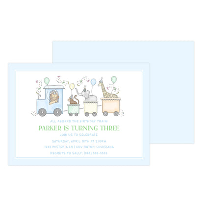 PARTY TRAIN BIRTHDAY ANIMALS (BLUE) | INVITATIONS