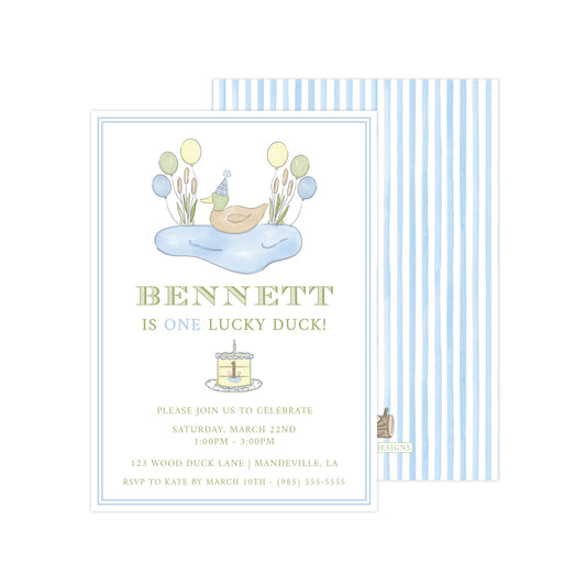ONE LUCKY DUCK WITH CAKE | INVITATION