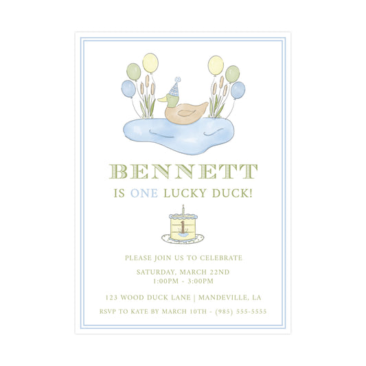 ONE LUCKY DUCK WITH CAKE | INVITATION