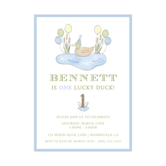 ONE LUCKY DUCK BLUE BORDER | INVITATION