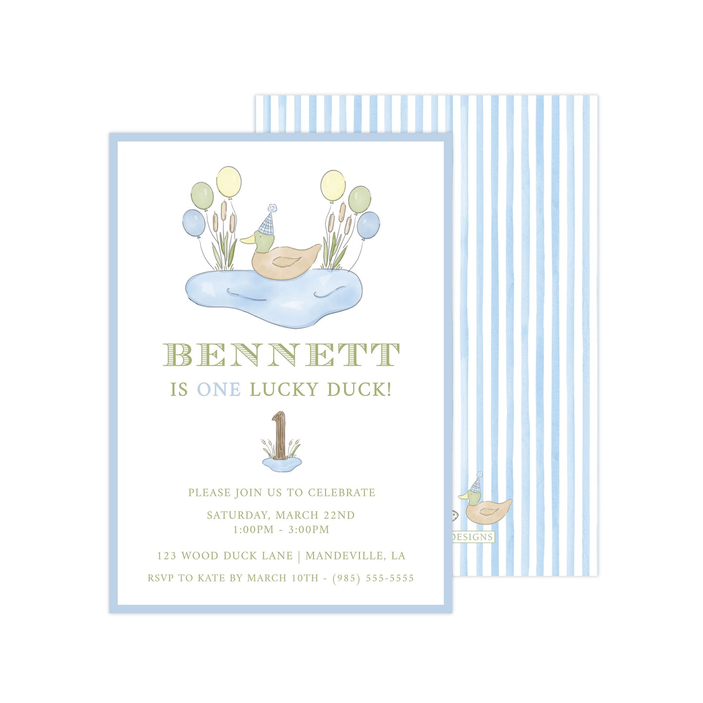 ONE LUCKY DUCK BLUE BORDER | INVITATION