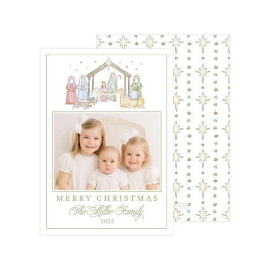 A Christmas card featuring a family portrait of three young girls, with a nativity scene and stars in the background. The card has a festive design with a repeating pattern of stars and a starry night sky.