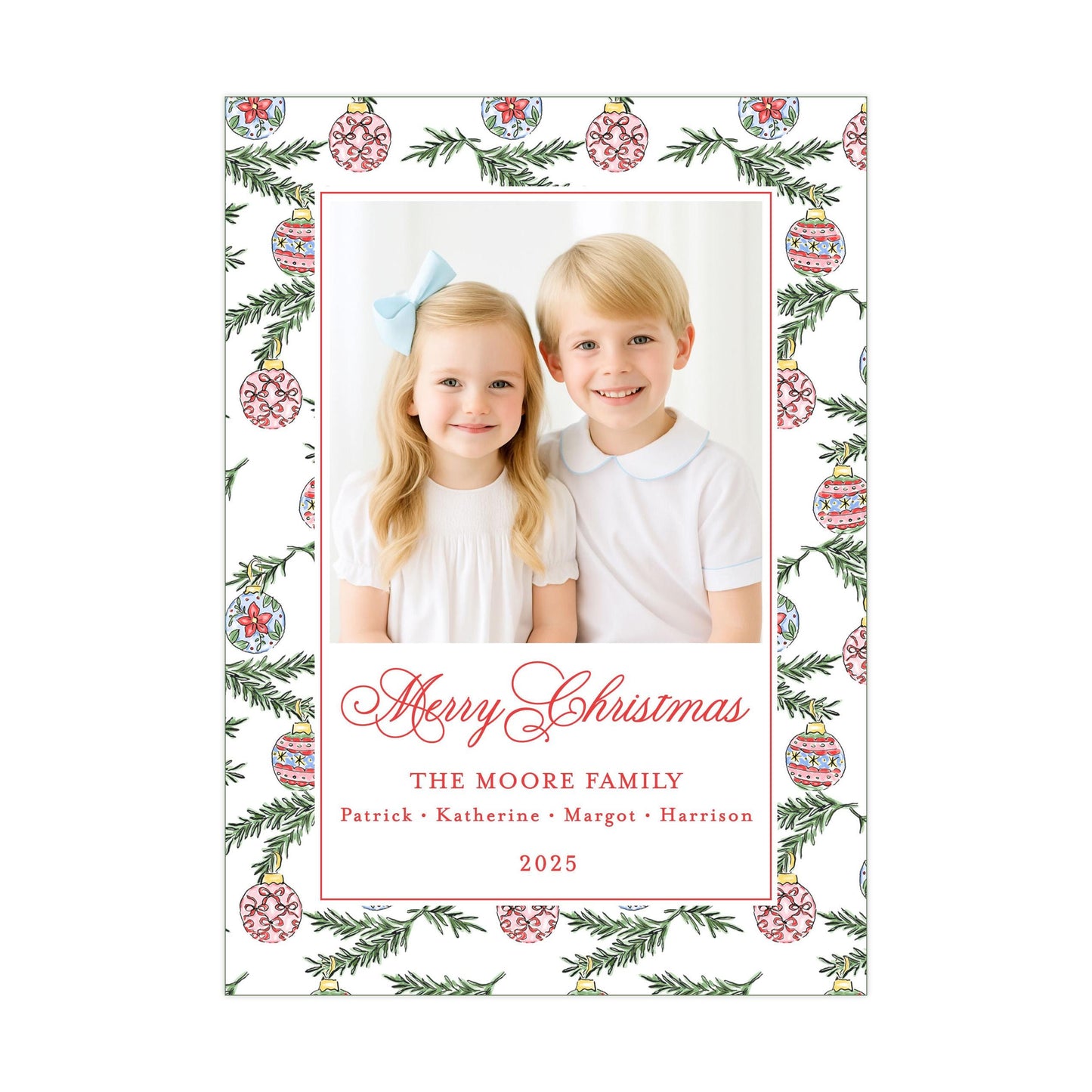 A Christmas-themed photo frame with two children, a girl and a boy, smiling and posing together. The frame has a border with a pattern of Christmas ornaments and greenery. The text on the frame reads &quot;Merry Christmas&quot; and &quot;The Moore Family&quot; along with the year &quot;2025&quot;.