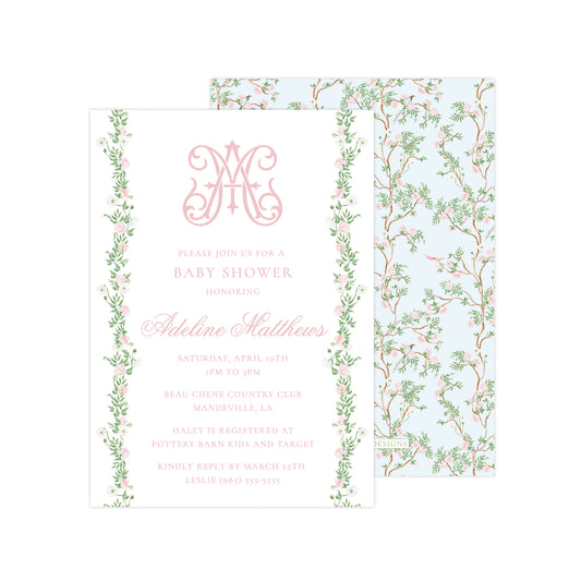 CHINOISERIE GARLAND - BLUE BACK | BABY SHOWER INVITATION