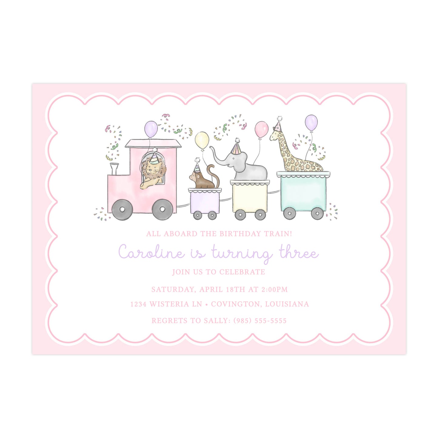 PARTY TRAIN BIRTHDAY ANIMALS (PINK) | INVITATIONS