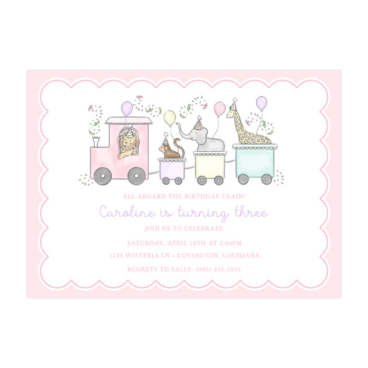 PARTY TRAIN BIRTHDAY ANIMALS (PINK) | INVITATIONS