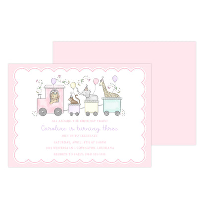 PARTY TRAIN BIRTHDAY ANIMALS (PINK) | INVITATIONS