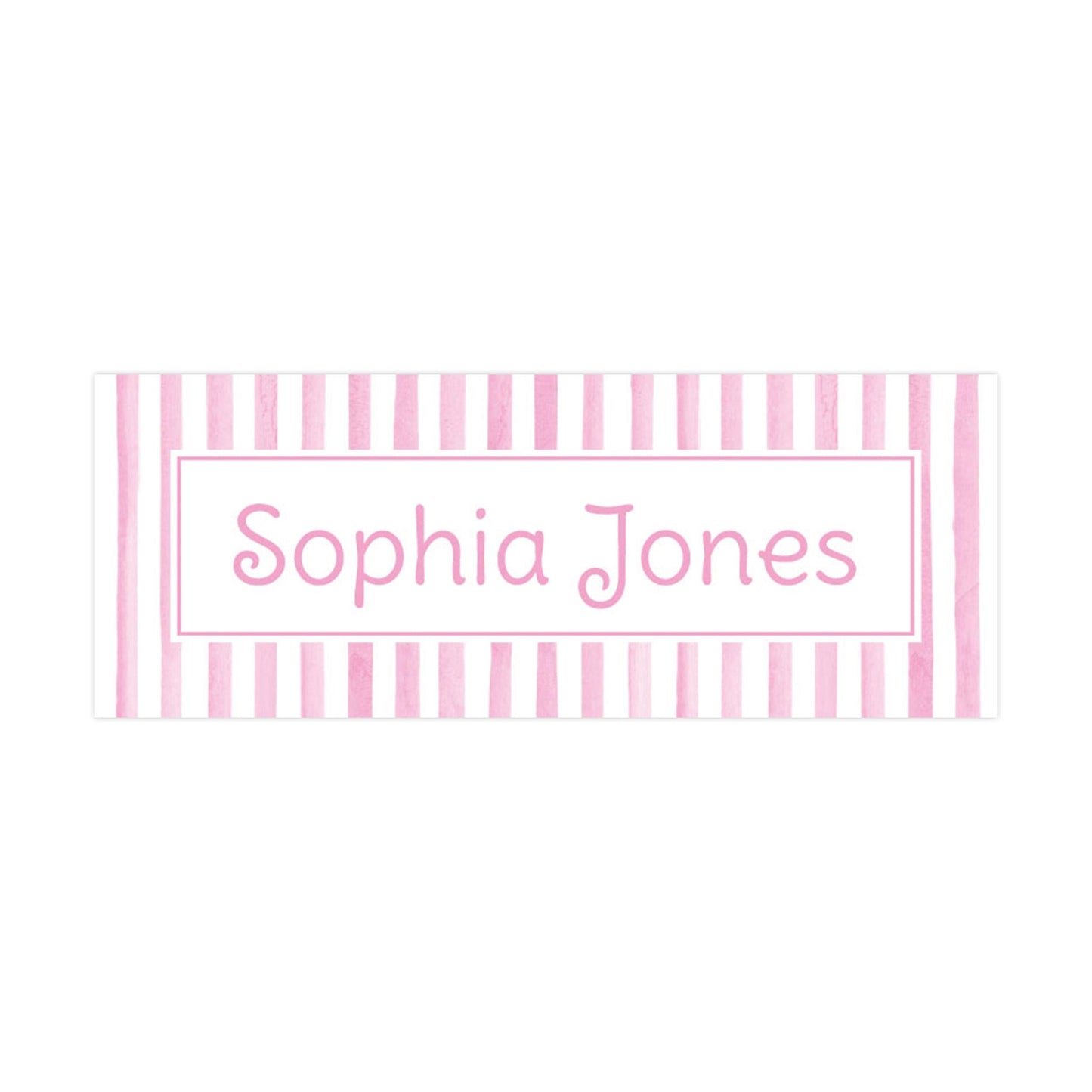 A pink and white striped banner with the name &quot;Sophia Jones&quot; written in cursive.