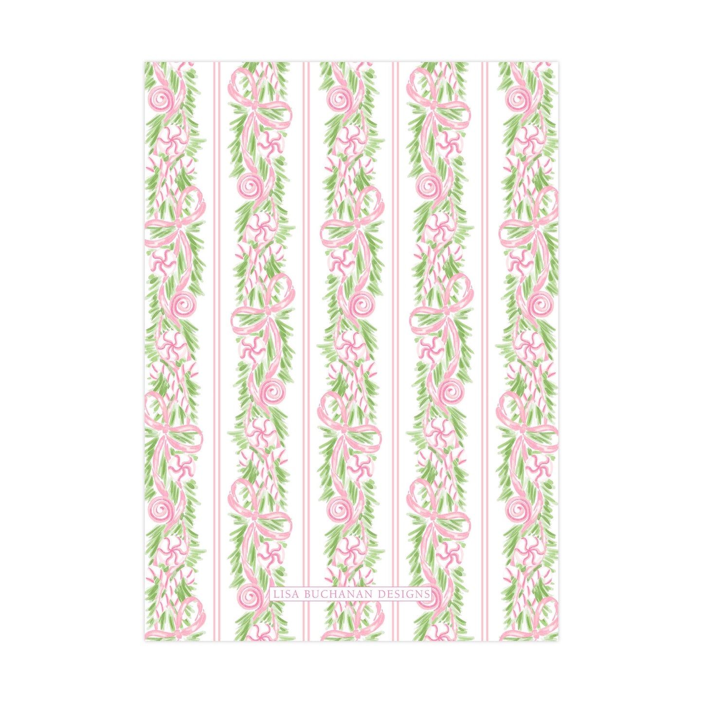 a repeating pattern of pink and green floral designs on vertical stripes.