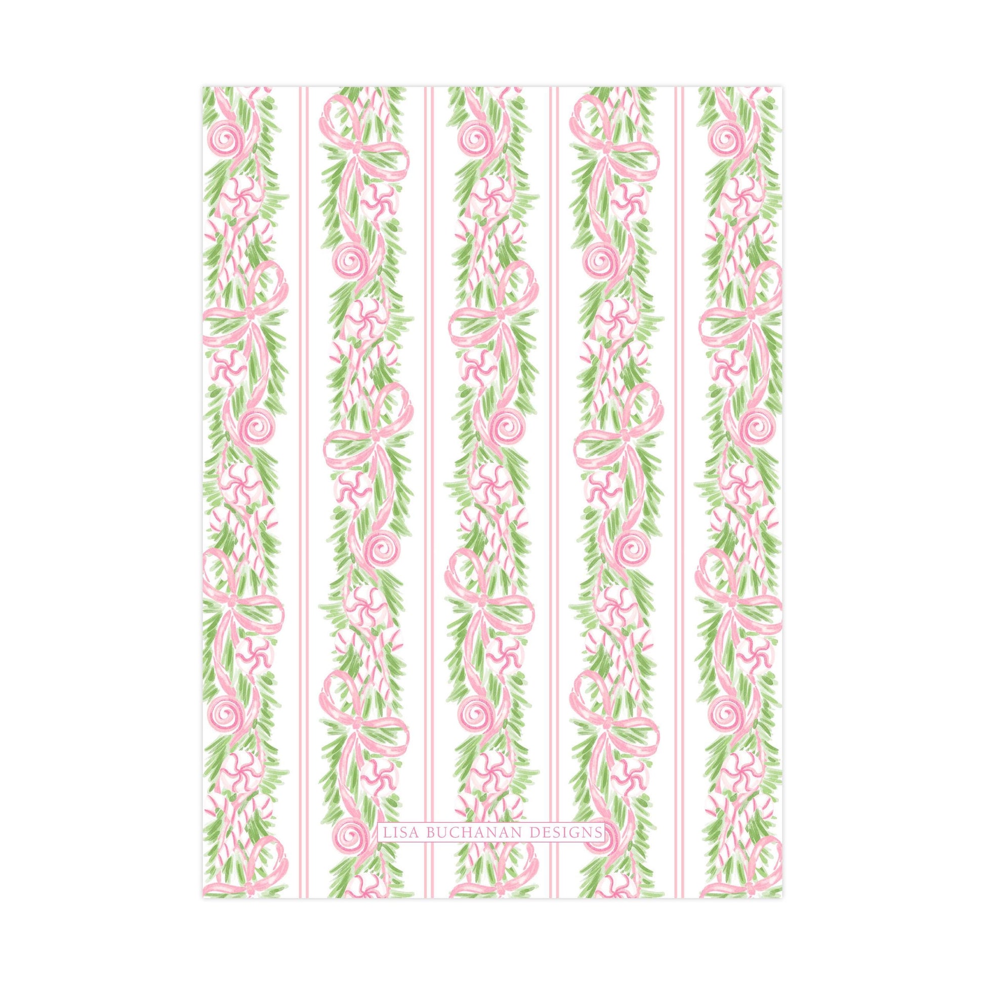 a repeating pattern of pink and green floral designs on vertical stripes.