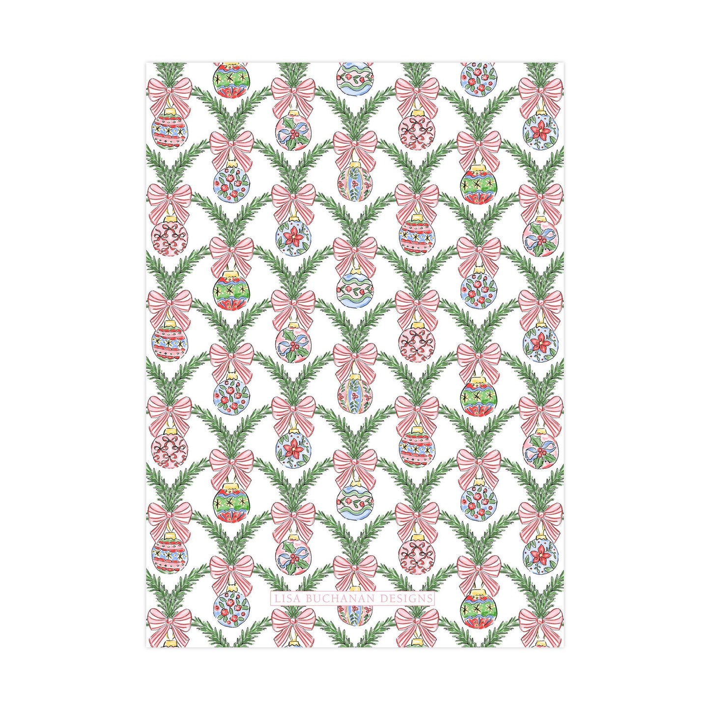 a repeating pattern of Christmas ornaments and pine branches, creating a festive and decorative design.