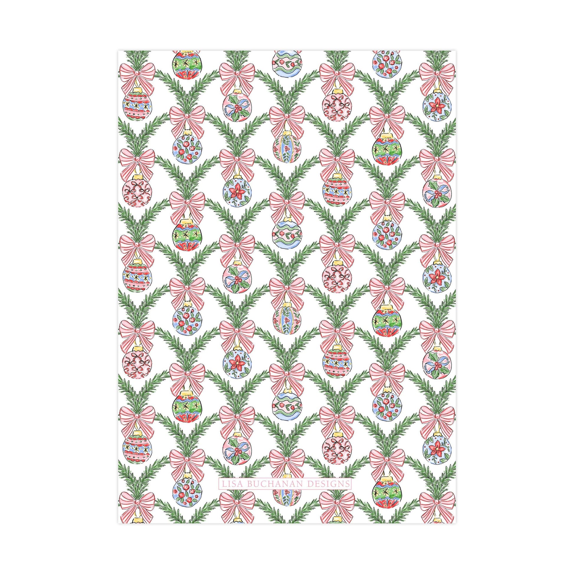 a repeating pattern of Christmas ornaments and pine branches, creating a festive and decorative design.