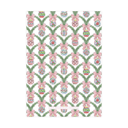 a repeating pattern of Christmas ornaments and pine branches, creating a festive and decorative design.