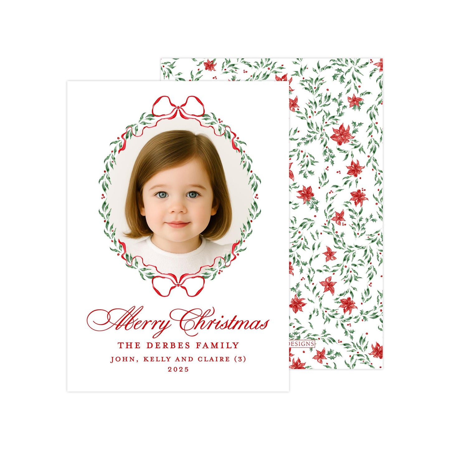 A Christmas card featuring a young girl's portrait in the center, surrounded by a wreath design and red and green floral patterns. The card includes a message wishing the recipient a Merry Christmas and includes the names John, Kelly, and Claire.