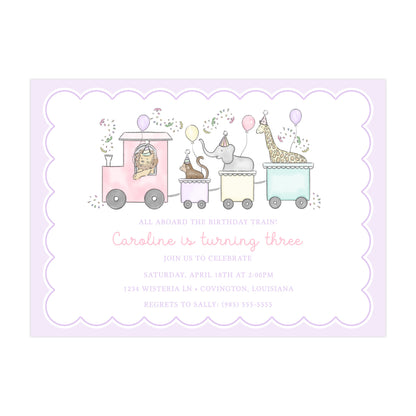 PARTY TRAIN BIRTHDAY ANIMALS (PURPLE) | INVITATIONS