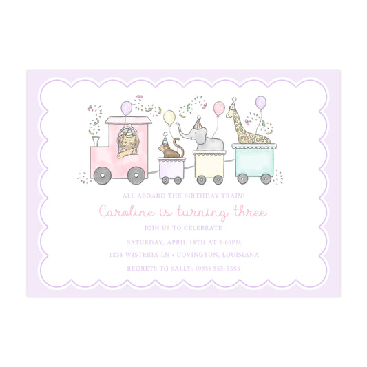 PARTY TRAIN BIRTHDAY ANIMALS (PURPLE) | INVITATIONS