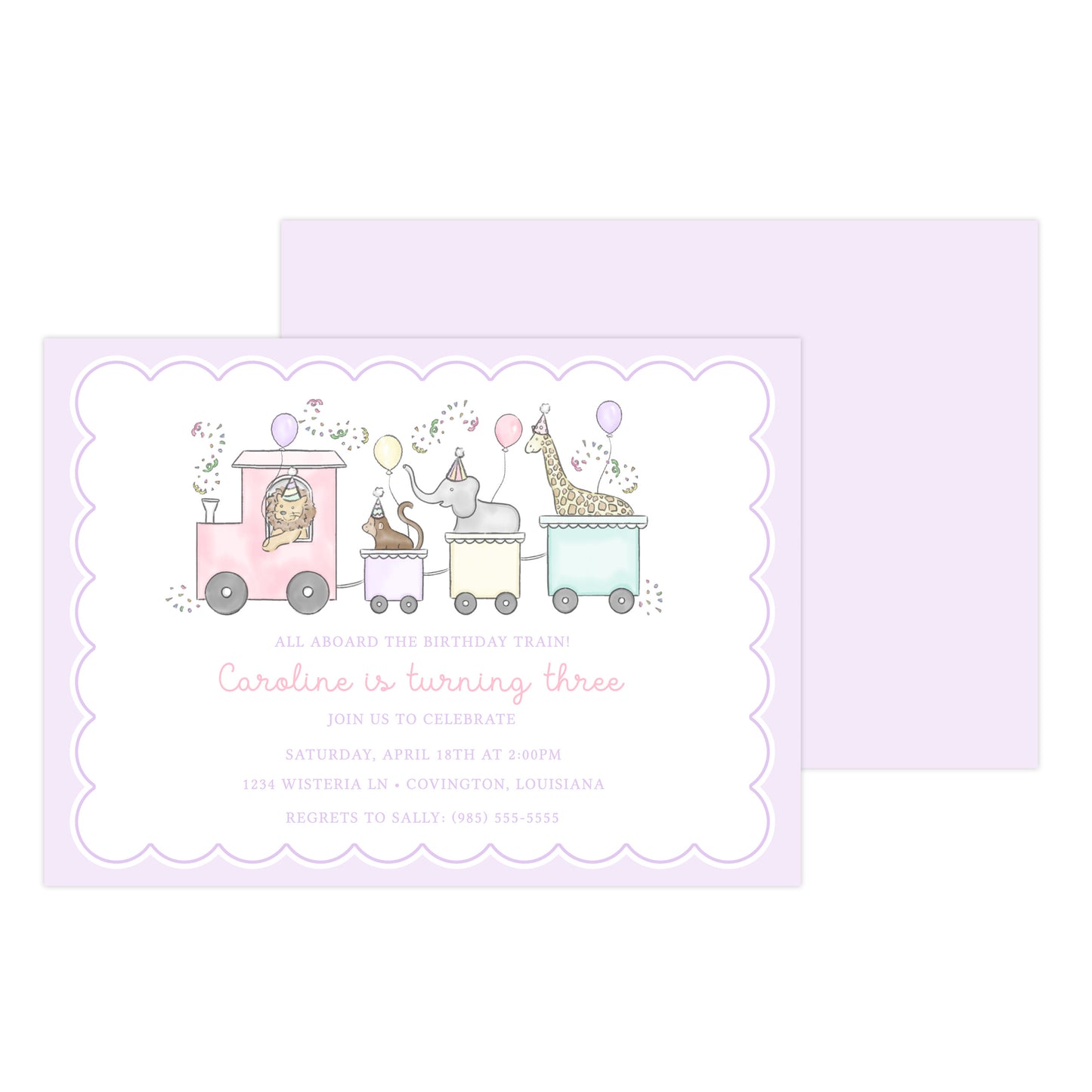 PARTY TRAIN BIRTHDAY ANIMALS (PURPLE) | INVITATIONS