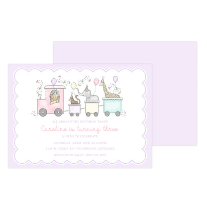 PARTY TRAIN BIRTHDAY ANIMALS (PURPLE) | INVITATIONS